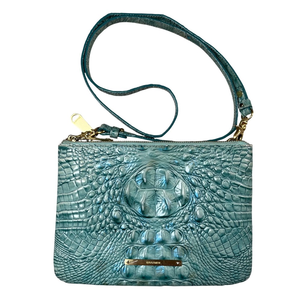 Brahmin Crossbody Bag Womens Small Turquoise Croco Embossed Leather Melbourne